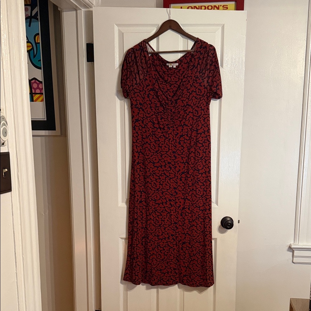 Boden Red and Navy Blue Patterned Midi Dress